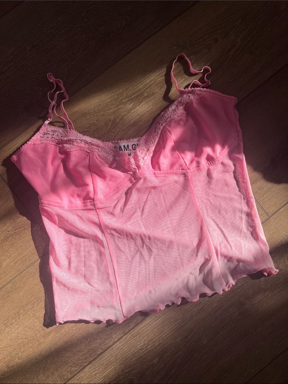 I Am Gia Sexy Pink Lace-Trim Satin Camisole Top